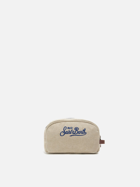 Beauty Bag Westwood in lino biege con logo ricamato